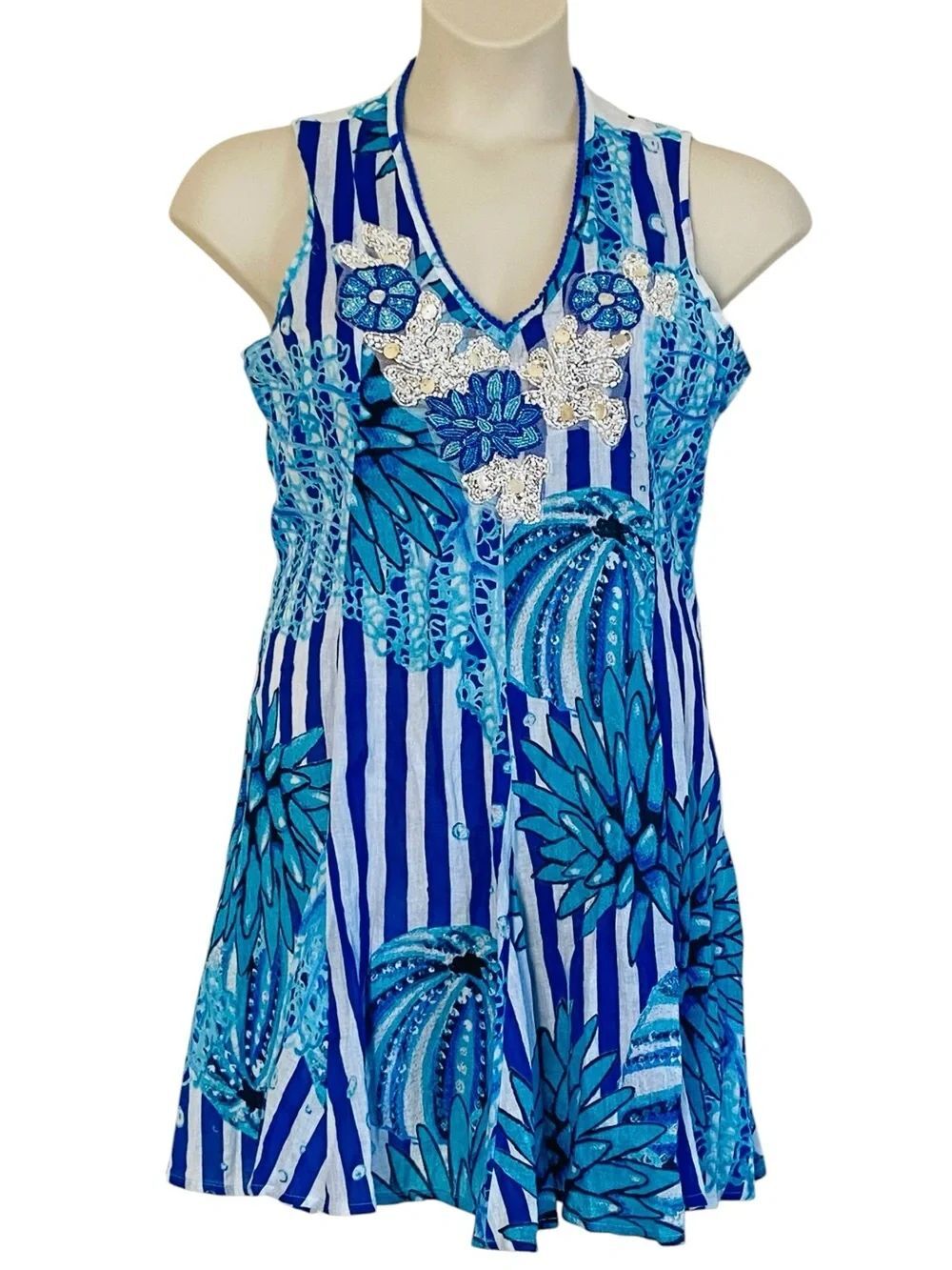 Antica Sartoria Shell Beaded Lace Up Corset Back Resort Mini Dress Sz L